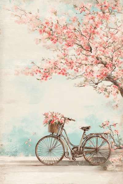 Bicycle with Cherry Blossoms — Vintage Print