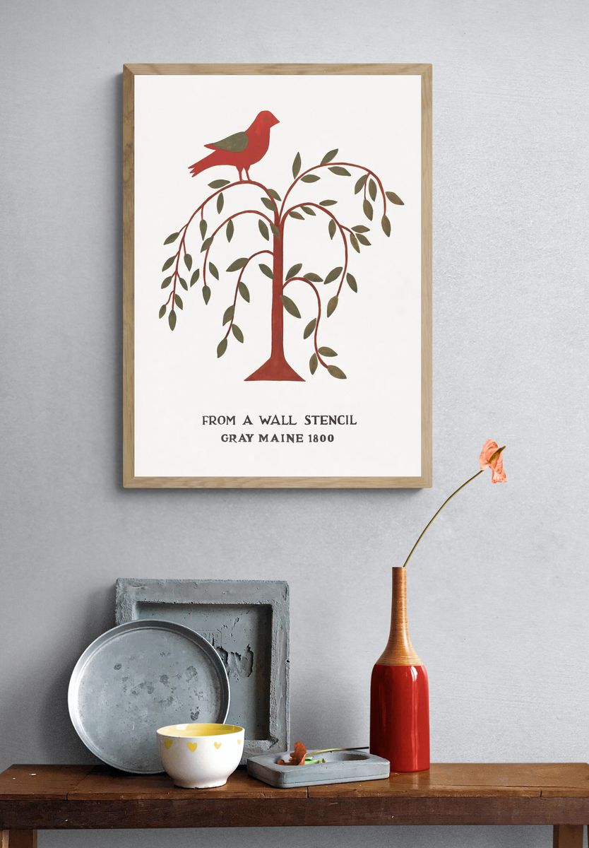 Red Bird on Tree — Vintage Print. — room view 3