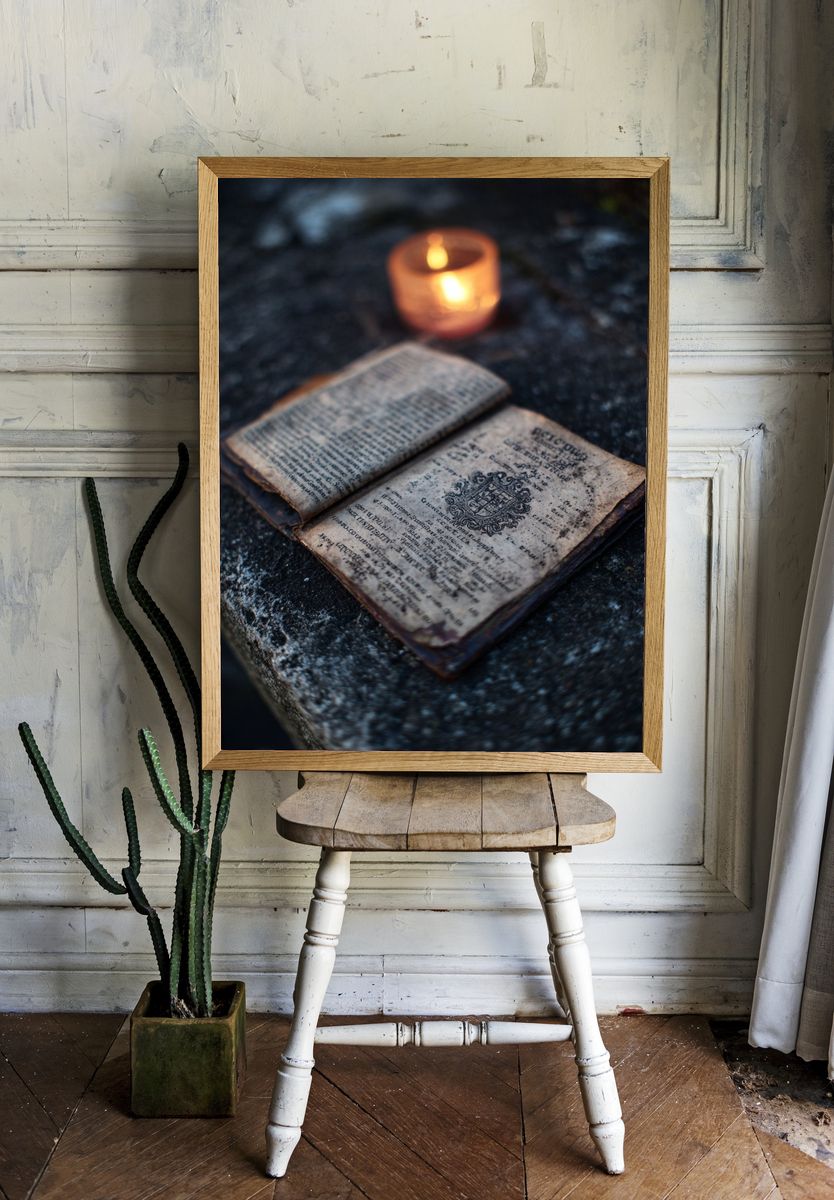 Vintage Book with Candlelight — Photography Print. — room view 1