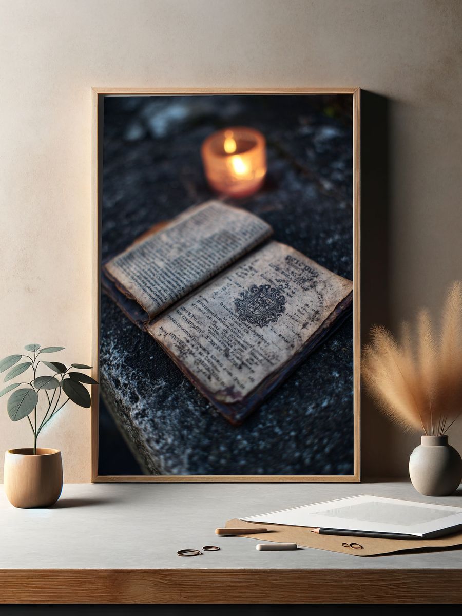 Vintage Book with Candlelight — Photography Print. — room view 2