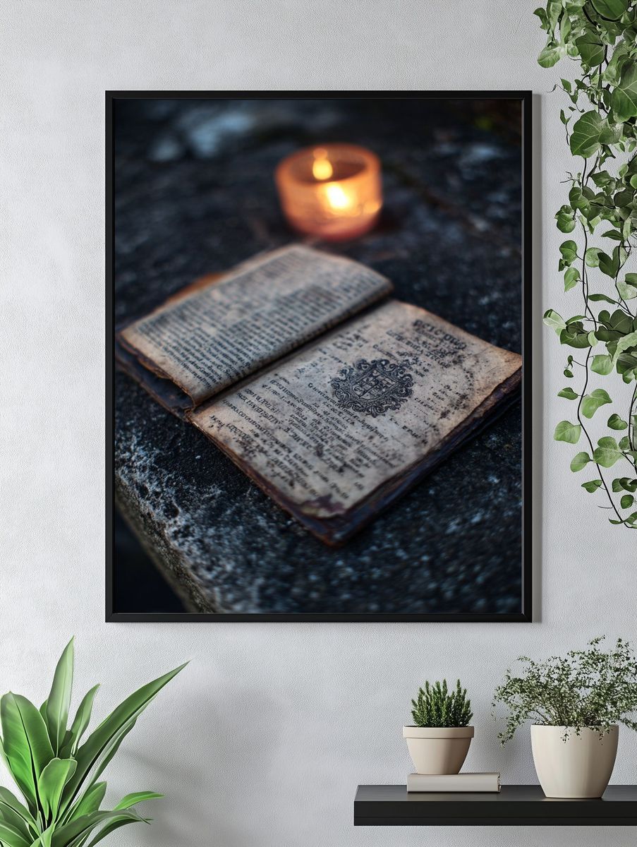 Vintage Book with Candlelight — Photography Print. — room view 4