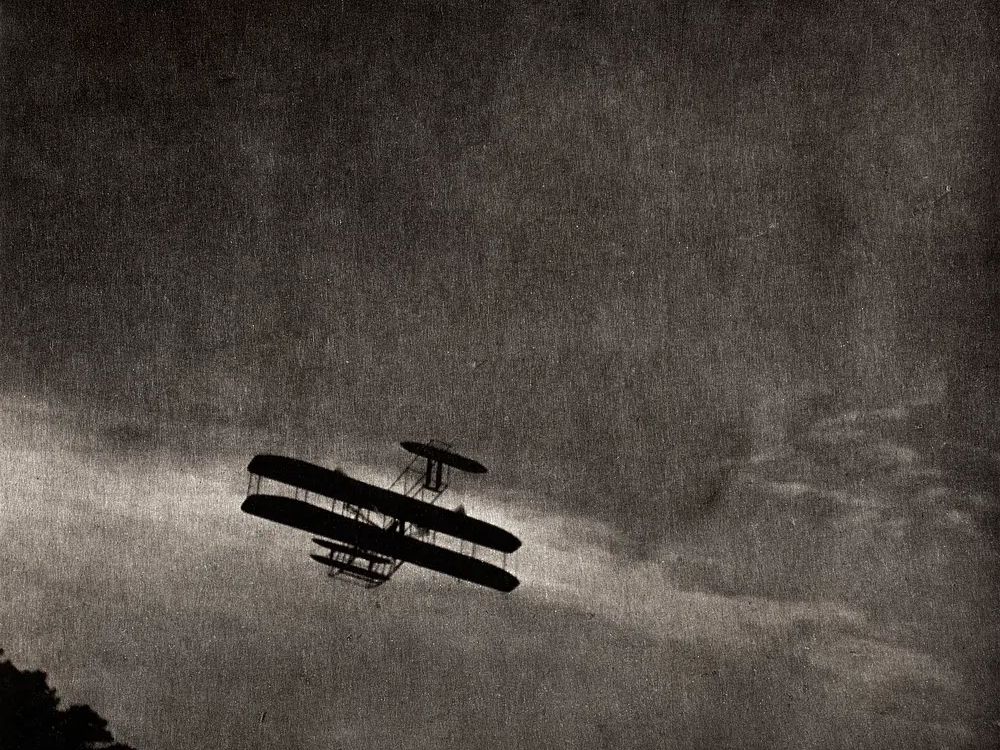 Vintage Biplane in Flight — Black-White Print. poster detail