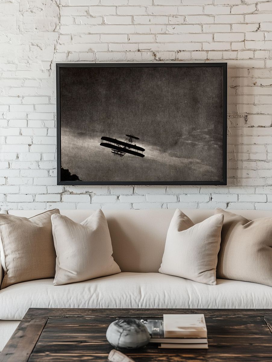 Vintage Biplane in Flight — Black-White Print room preview