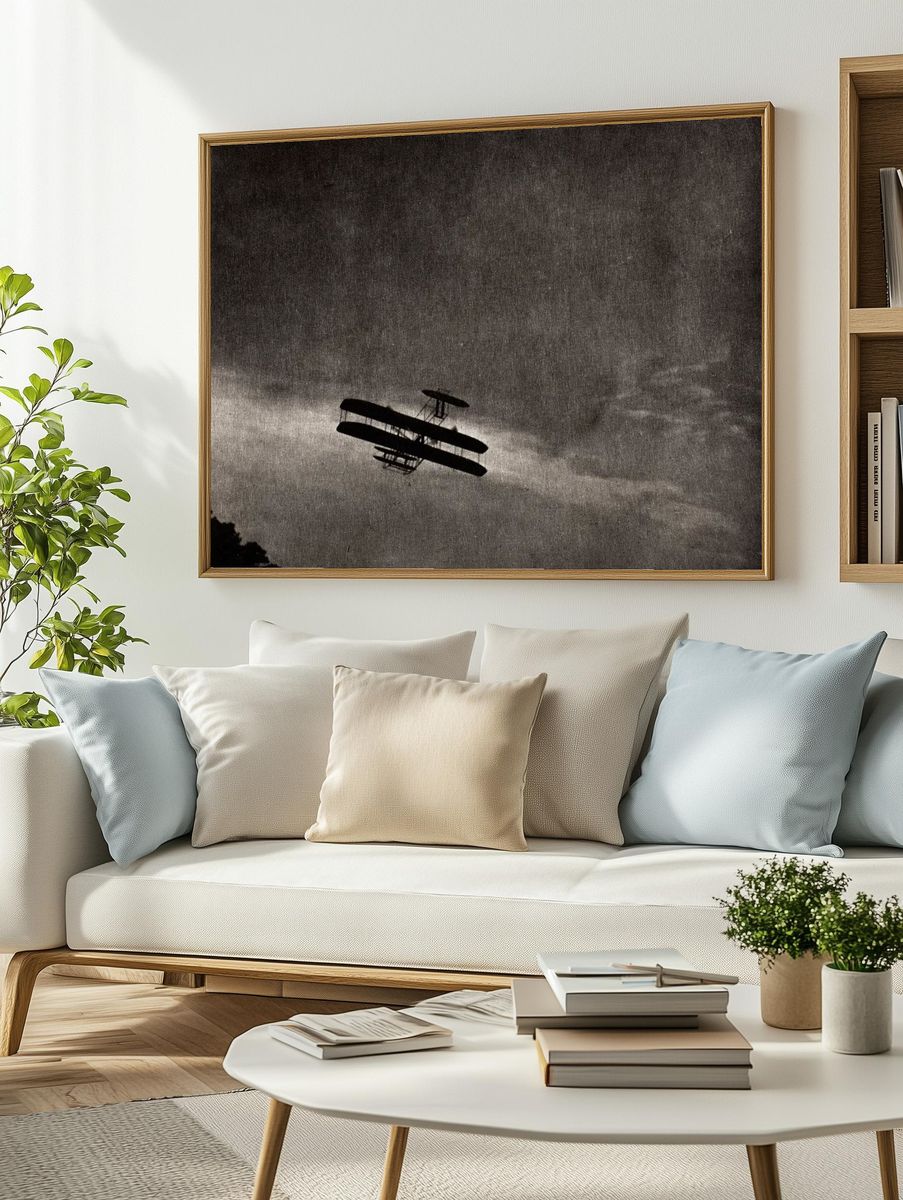 Vintage Biplane in Flight — Black-White Print. — room view 2