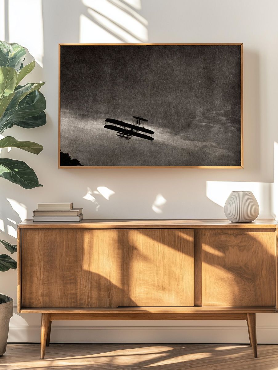 Vintage Biplane in Flight — Black-White Print. — room view 3