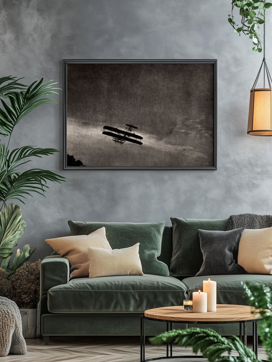 Vintage Biplane in Flight — Black-White Print. — room view 4