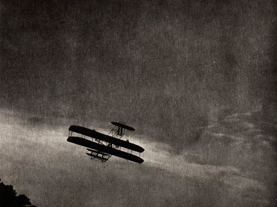 Vintage Biplane in Flight — Black-White Print
