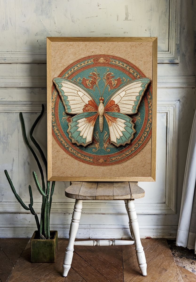Vintage Butterfly Emblem Poster. — room view 1