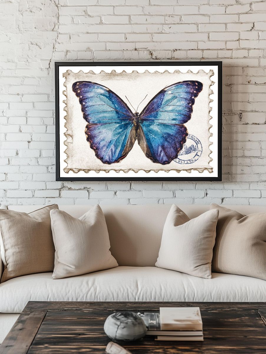 Blue Butterfly Vintage Print. — room view 1