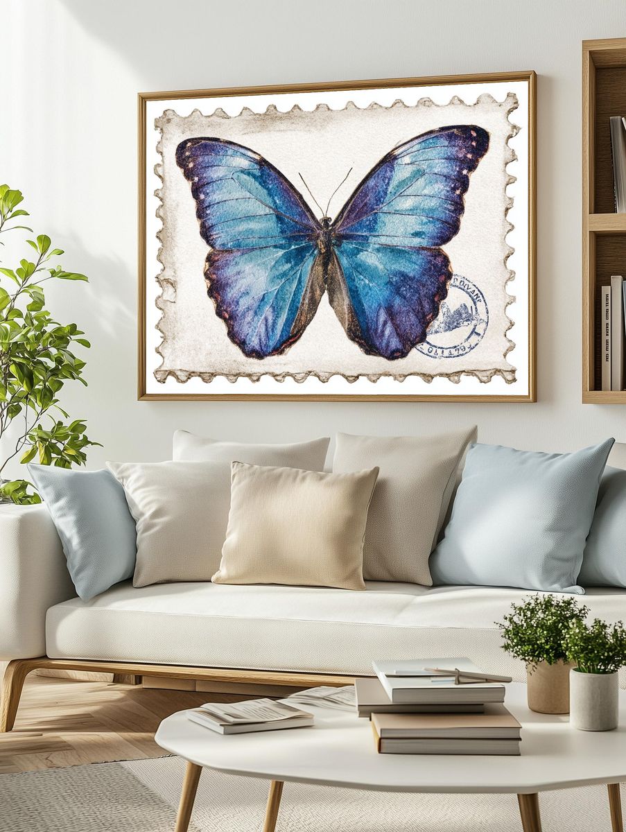 Blue Butterfly Vintage Print. — room view 2