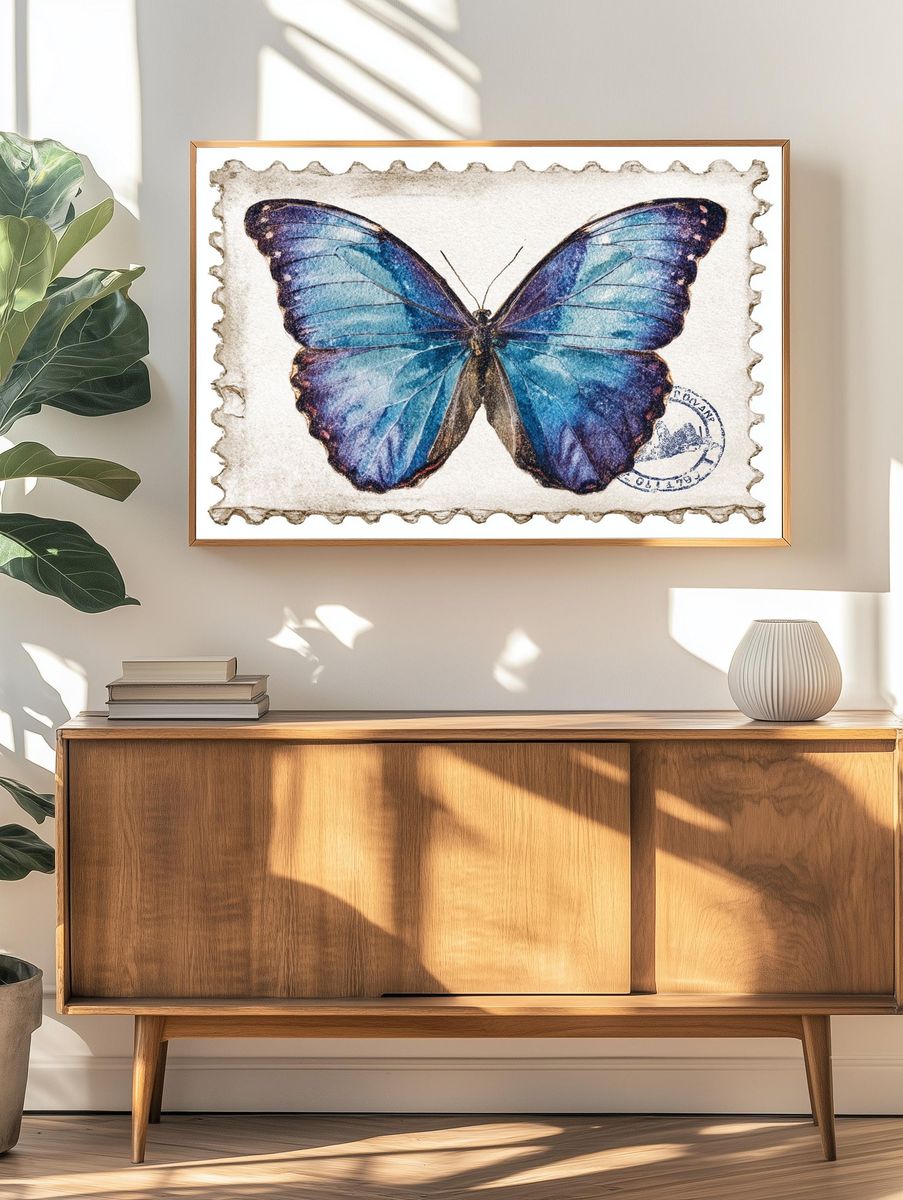 Blue Butterfly Vintage Print. — room view 3