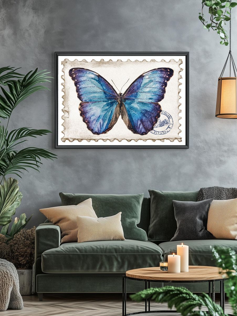 Blue Butterfly Vintage Print. — room view 4