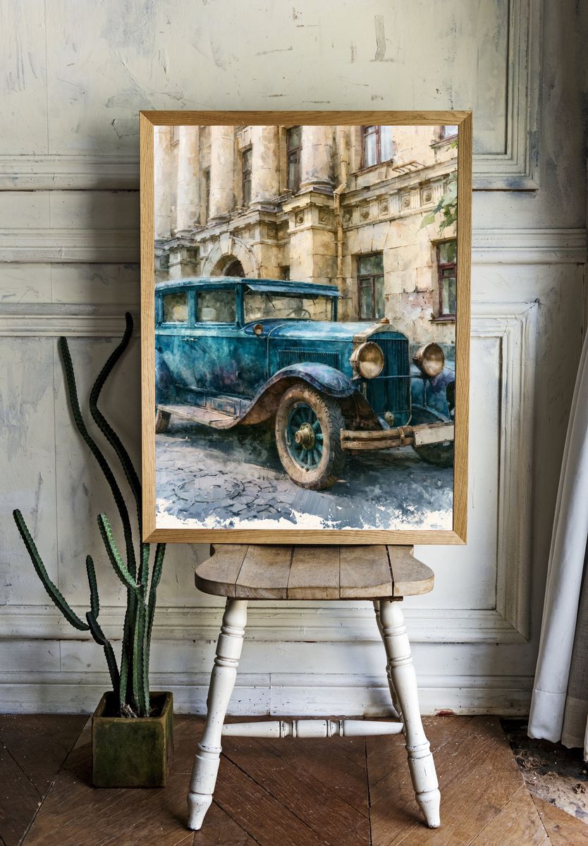 Vintage Blue Car Street Scene Poster. room preview