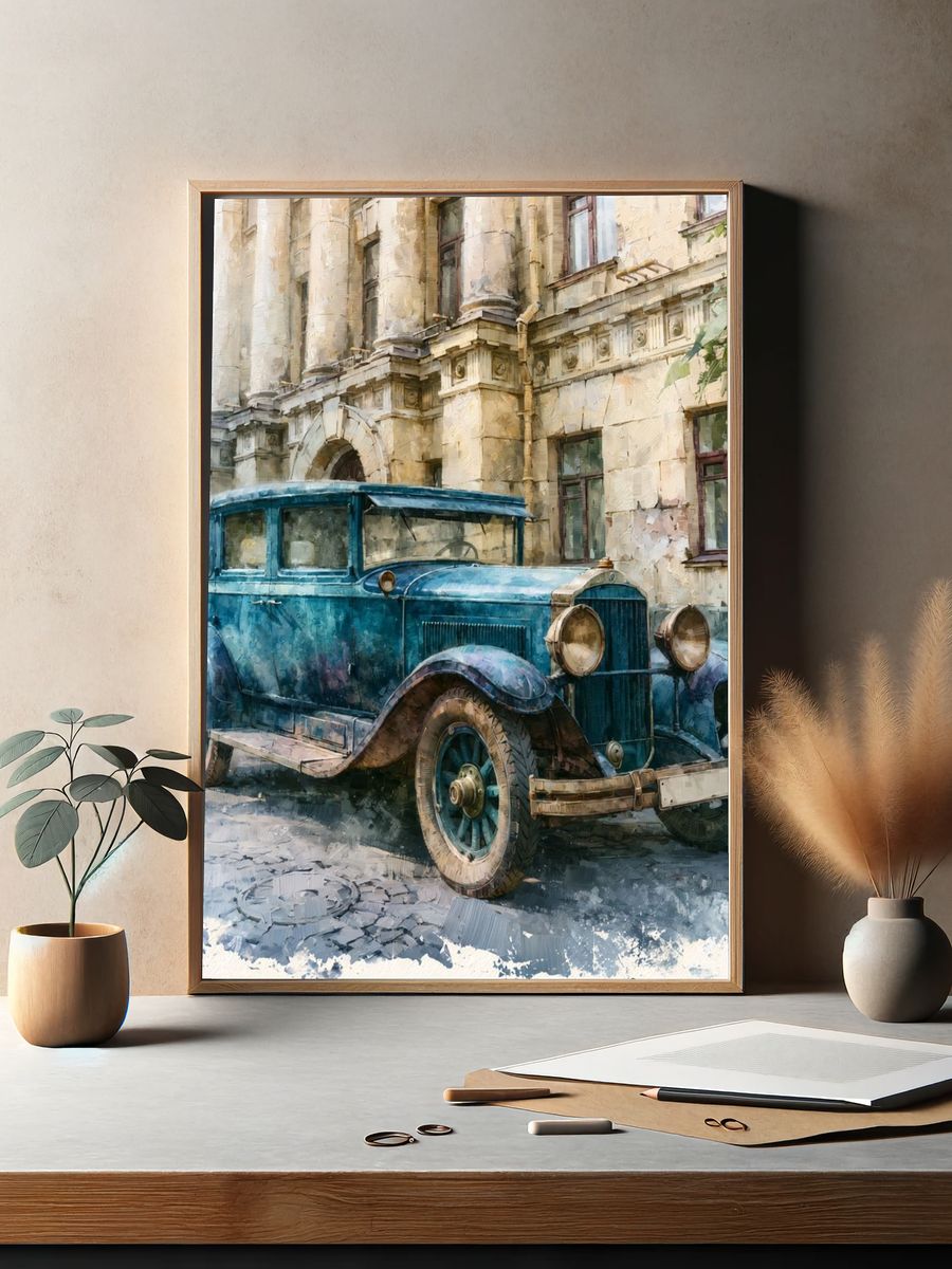 Vintage Blue Car Street Scene Poster. — room view 2
