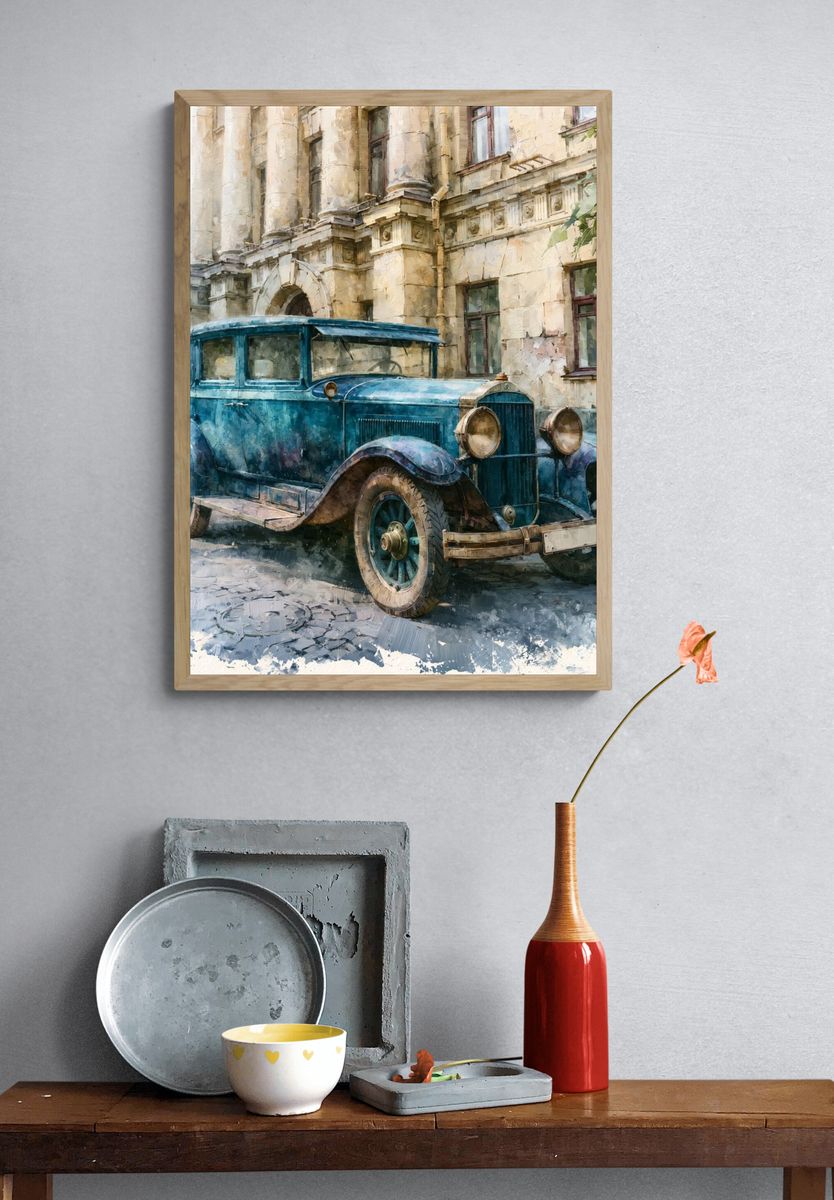 Vintage Blue Car Street Scene Poster. — room view 3