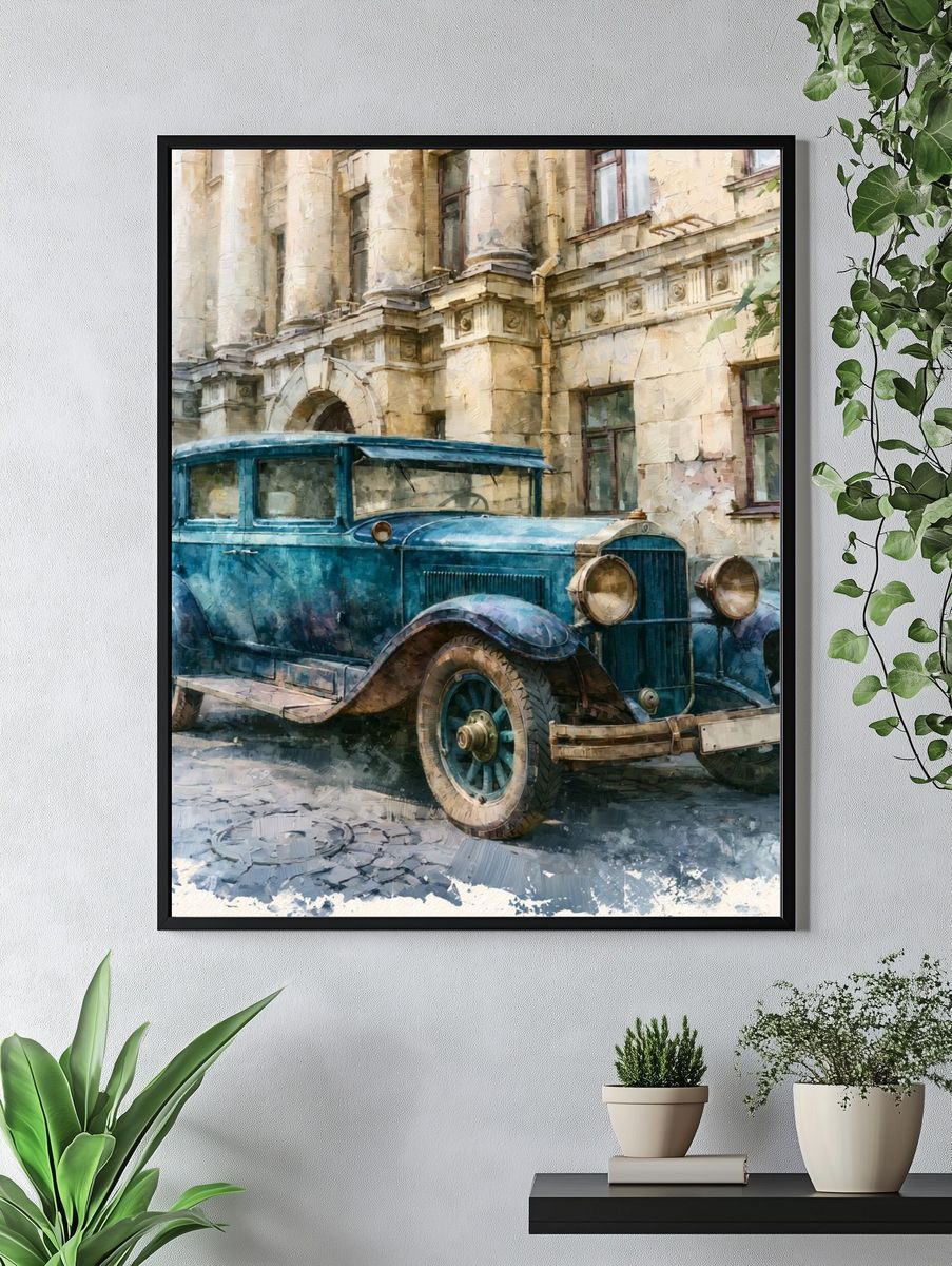 Vintage Blue Car Street Scene Poster. — room view 4