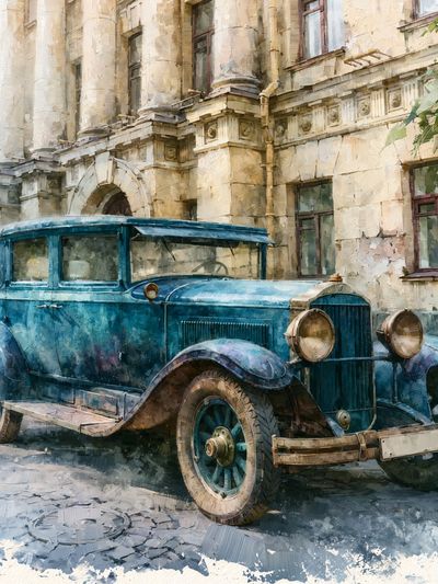 Vintage Blue Car Street Scene Poster.