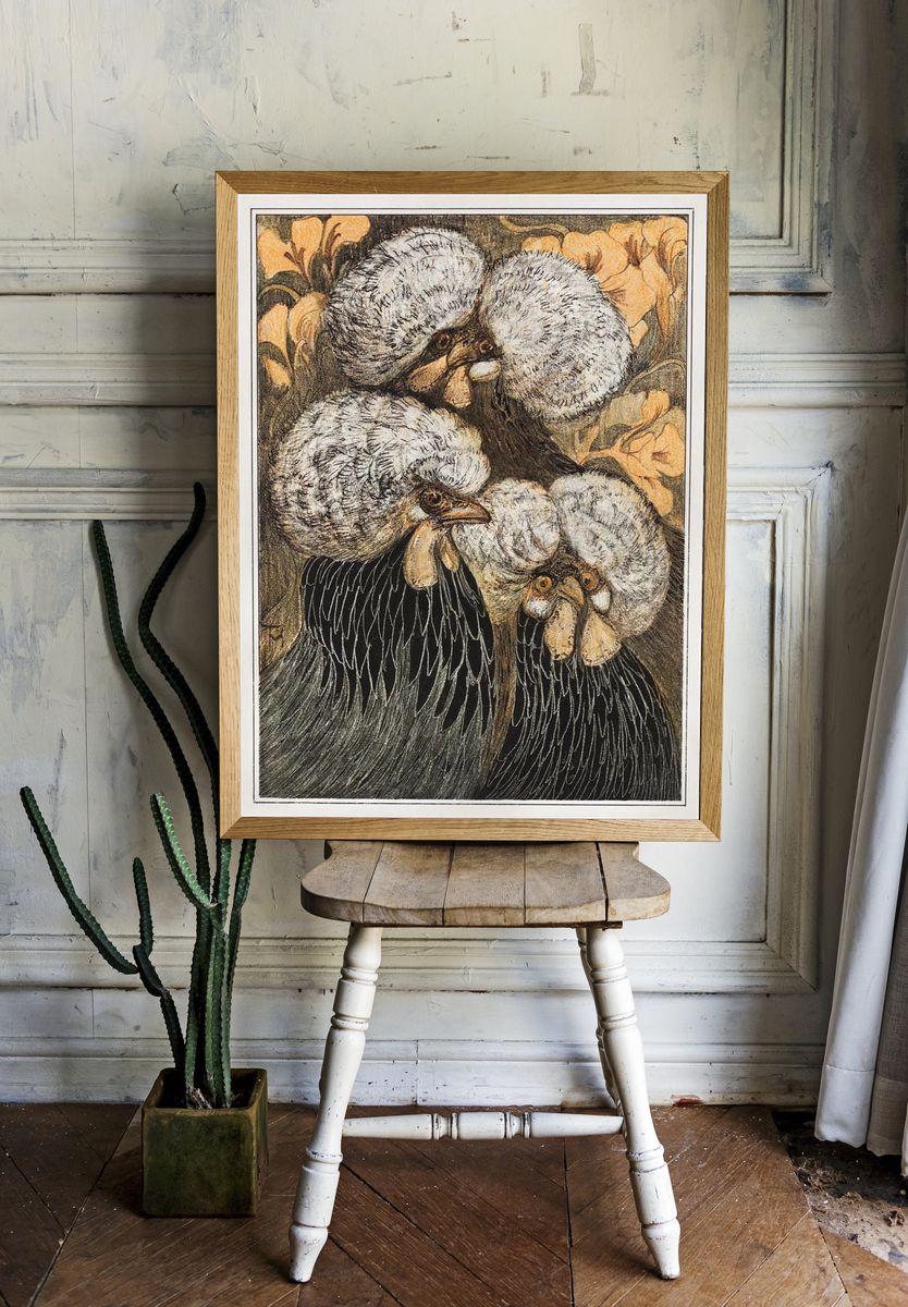 Charming Chickens — Vintage Print. room preview