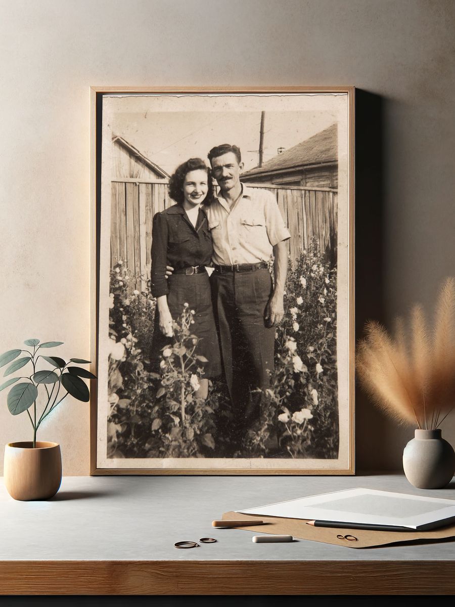 Vintage Couple Garden Portrait Print. — room view 2