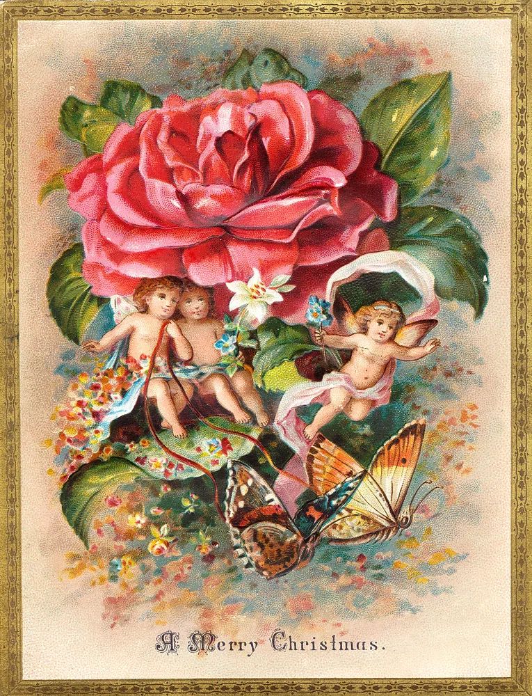Vintage Christmas Cherubs and Rose Poster. poster detail