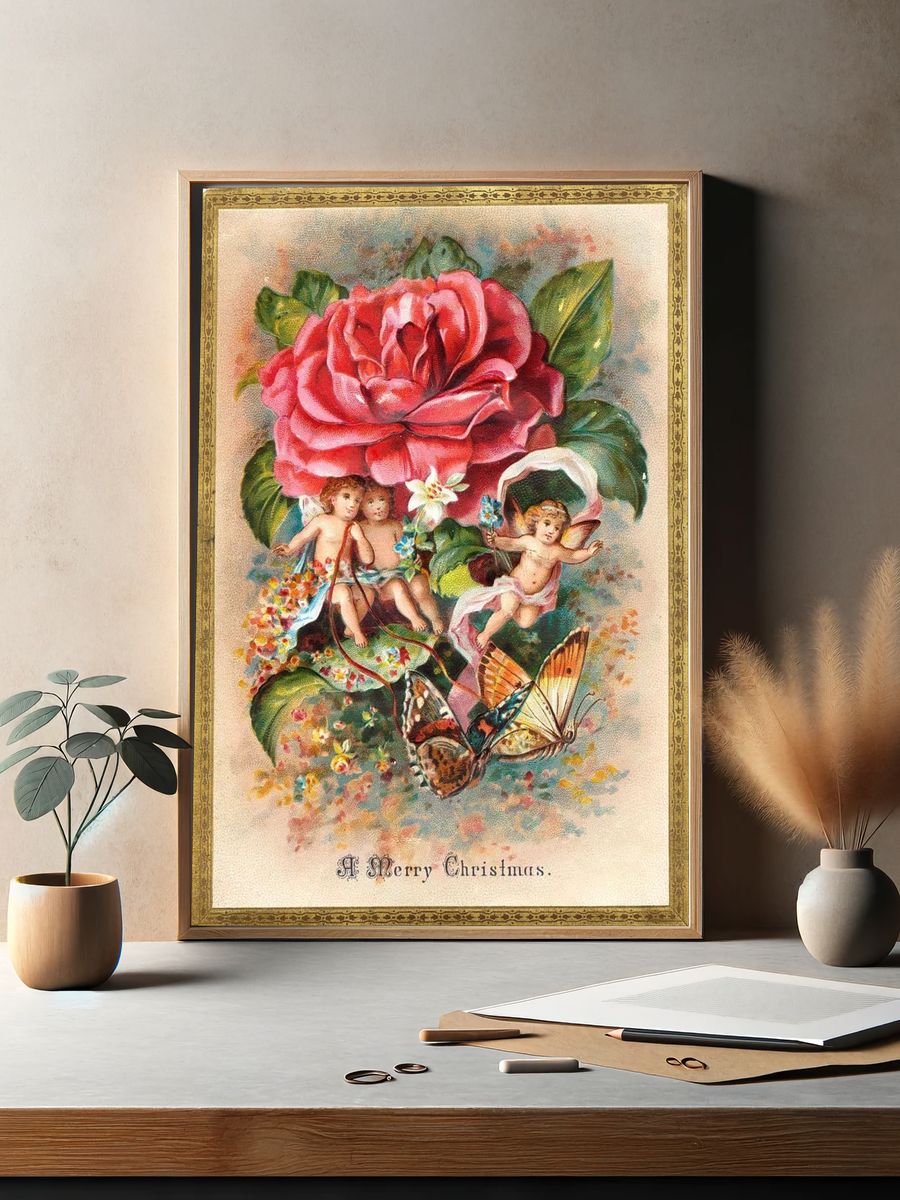 Vintage Christmas Cherubs and Rose Poster. — room view 2