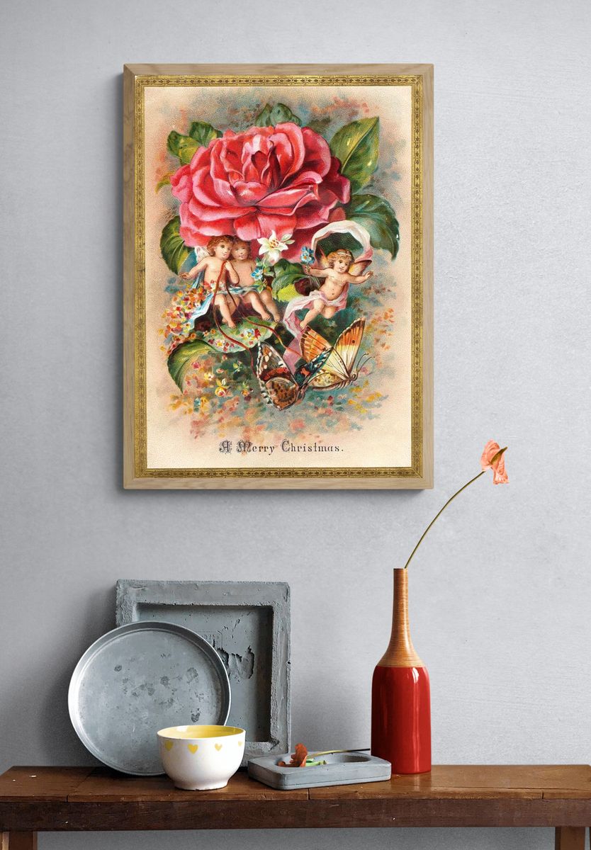 Vintage Christmas Cherubs and Rose Poster. — room view 3