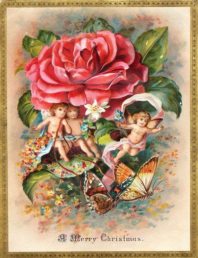 Vintage Christmas Cherubs and Rose Poster.