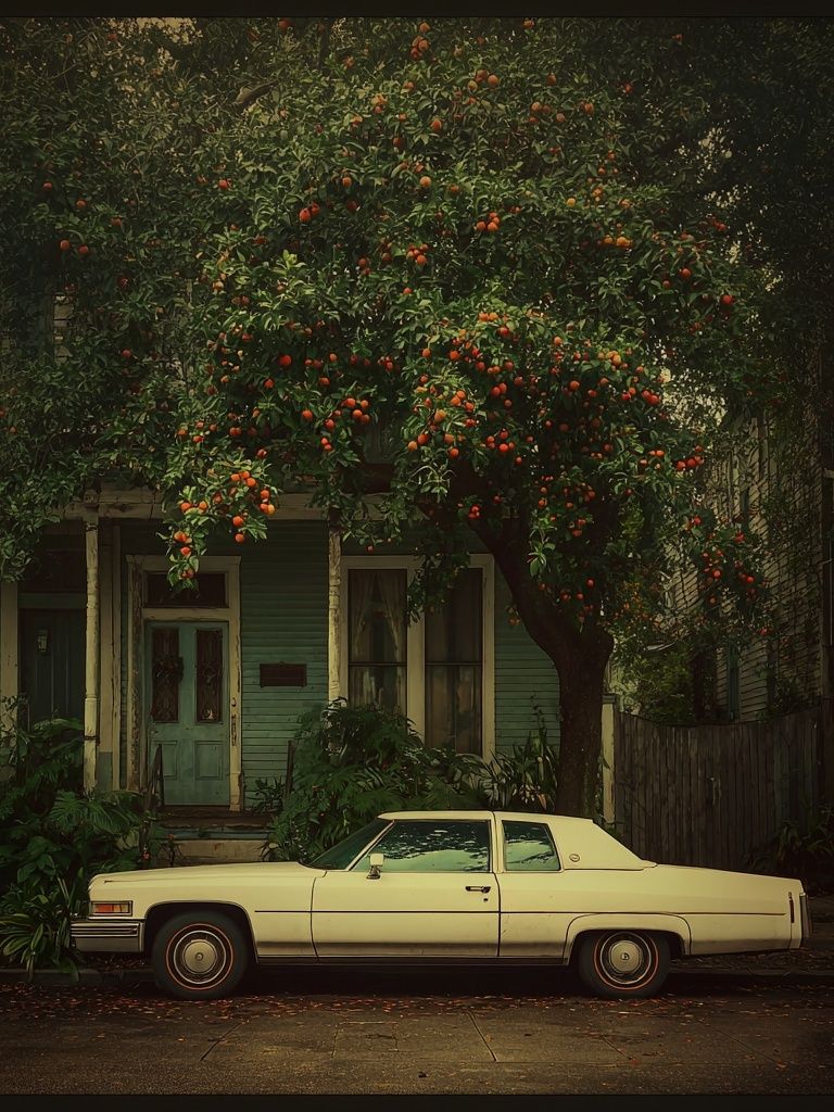 Classic Car Under Orange Tree — Vintage Print. poster — vintage art