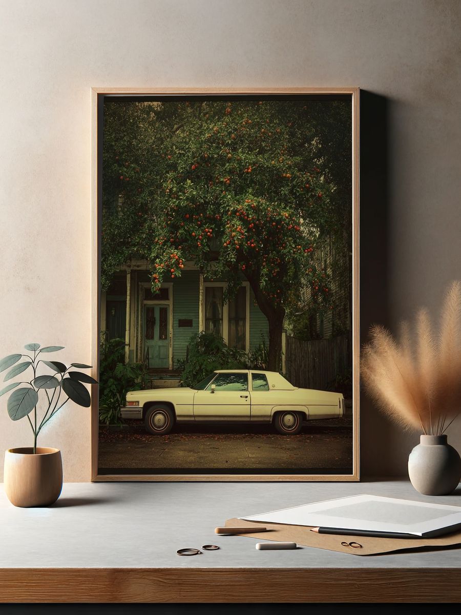 Classic Car Under Orange Tree — Vintage Print. — room view 2