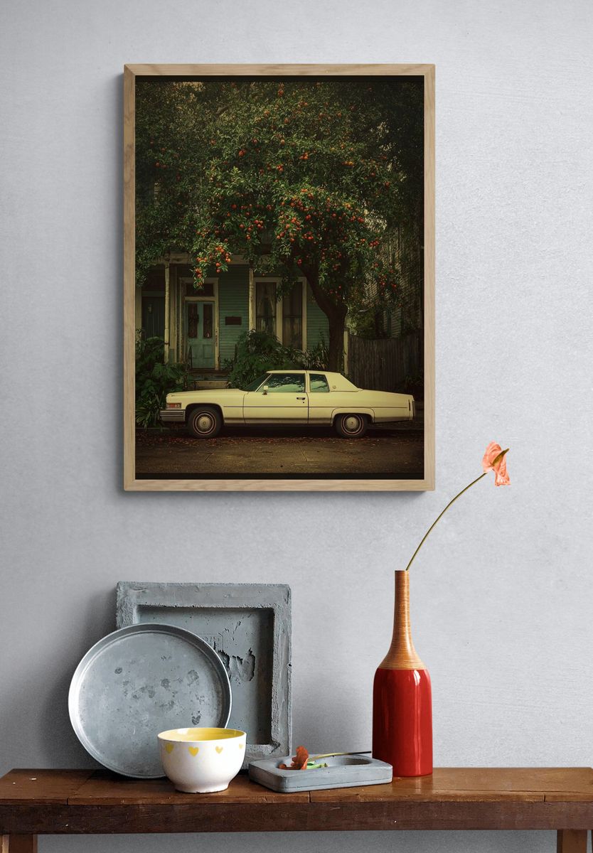 Classic Car Under Orange Tree — Vintage Print. — room view 3