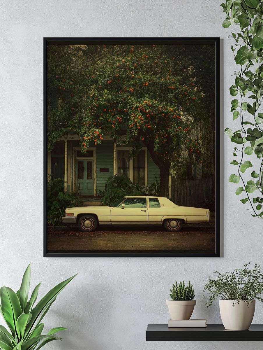 Classic Car Under Orange Tree — Vintage Print. — room view 4