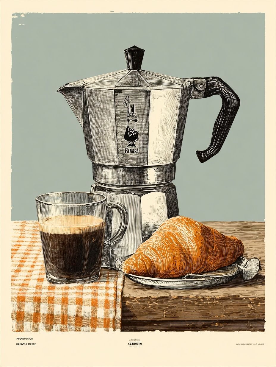 Coffee and Croissant — Vintage Print. poster detail