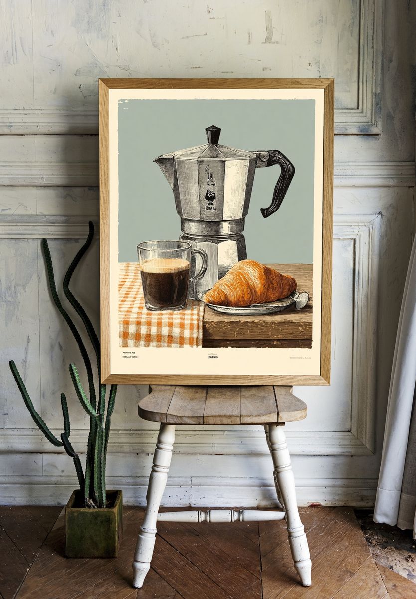 Coffee and Croissant — Vintage Print. room preview
