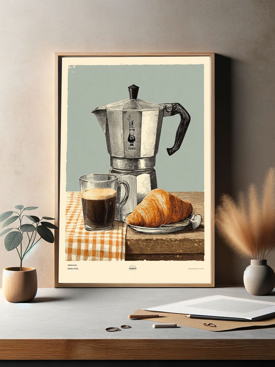 Coffee and Croissant — Vintage Print. — room view 2