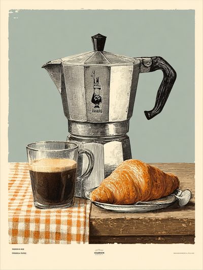 Coffee and Croissant — Vintage Print. poster