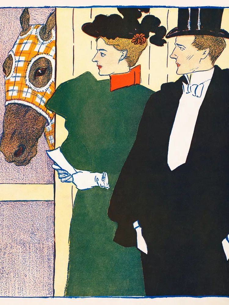 Elegant Couple with Horse — Vintage Print. poster detail