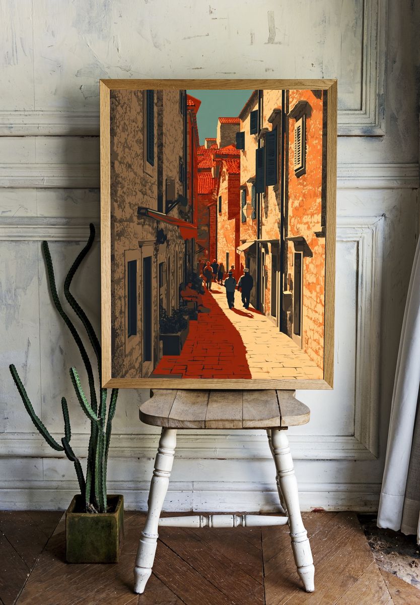 Charming Cobblestone Alley — Vintage Print. — room view 1