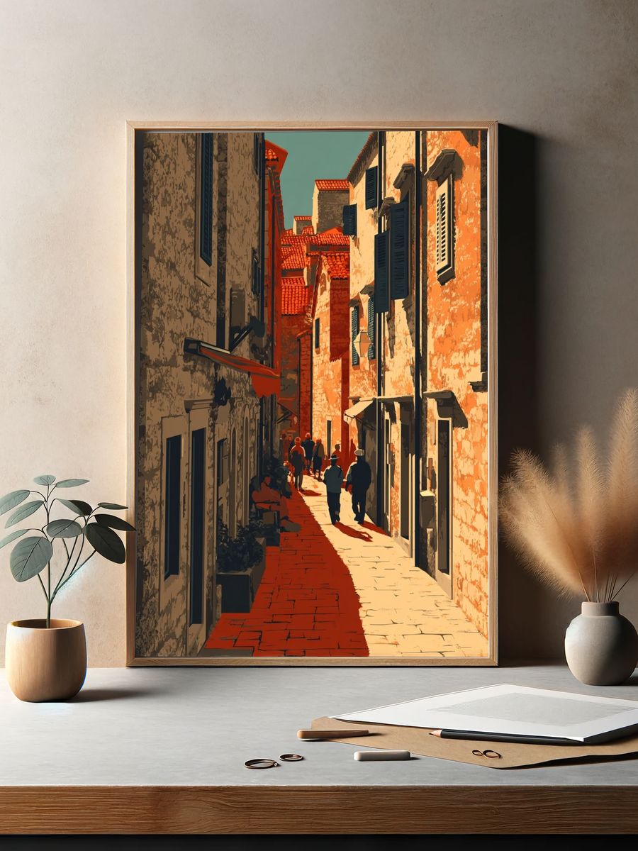 Charming Cobblestone Alley — Vintage Print. — room view 2