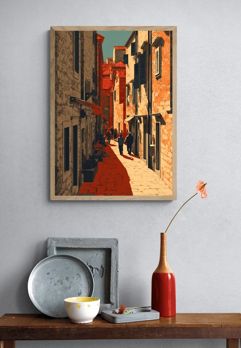 Charming Cobblestone Alley — Vintage Print. — room view 3