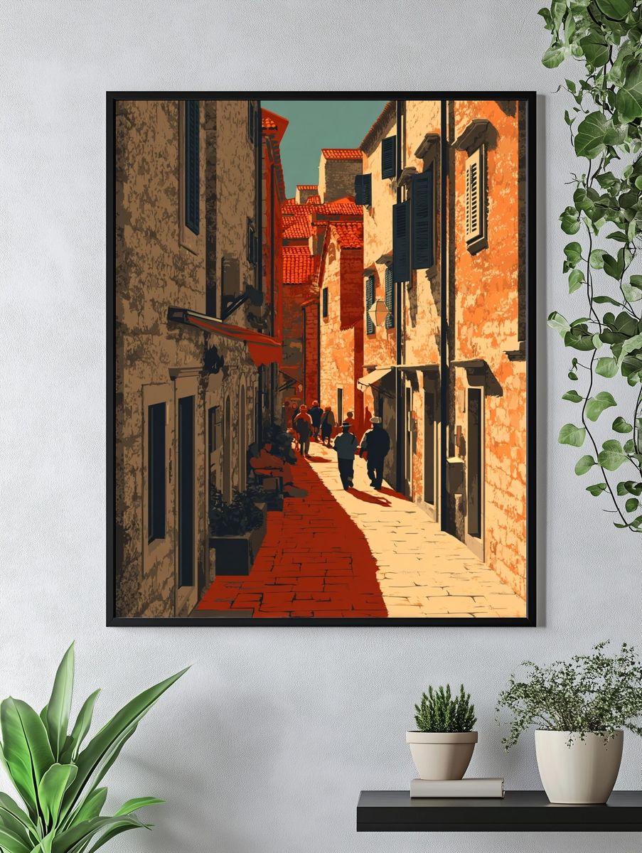 Charming Cobblestone Alley — Vintage Print. — room view 4