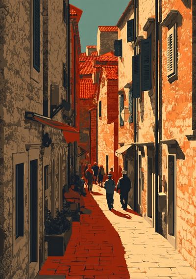 Charming Cobblestone Alley — Vintage Print.
