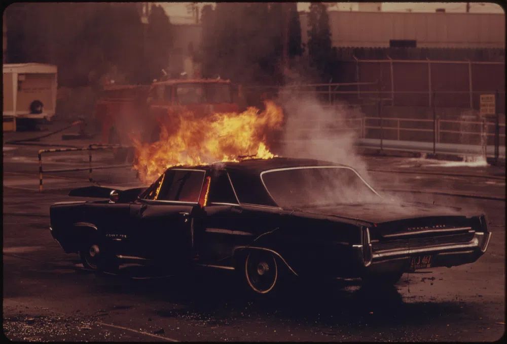 Burning Classic Car — Vintage Print. poster detail