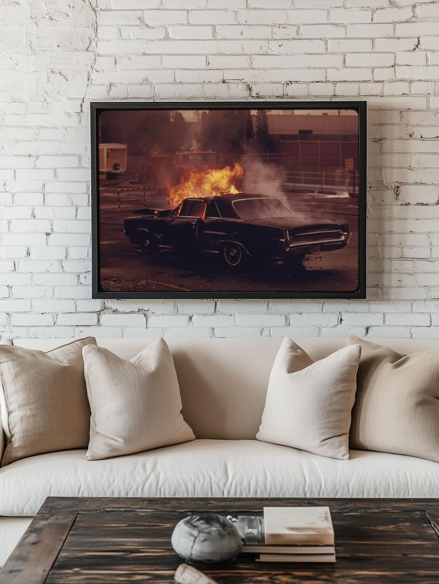 Burning Classic Car — Vintage Print. room preview