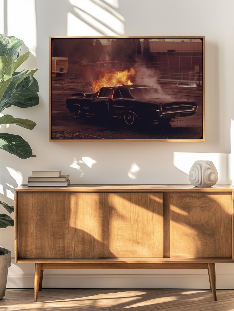 Burning Classic Car — Vintage Print. — room view 3