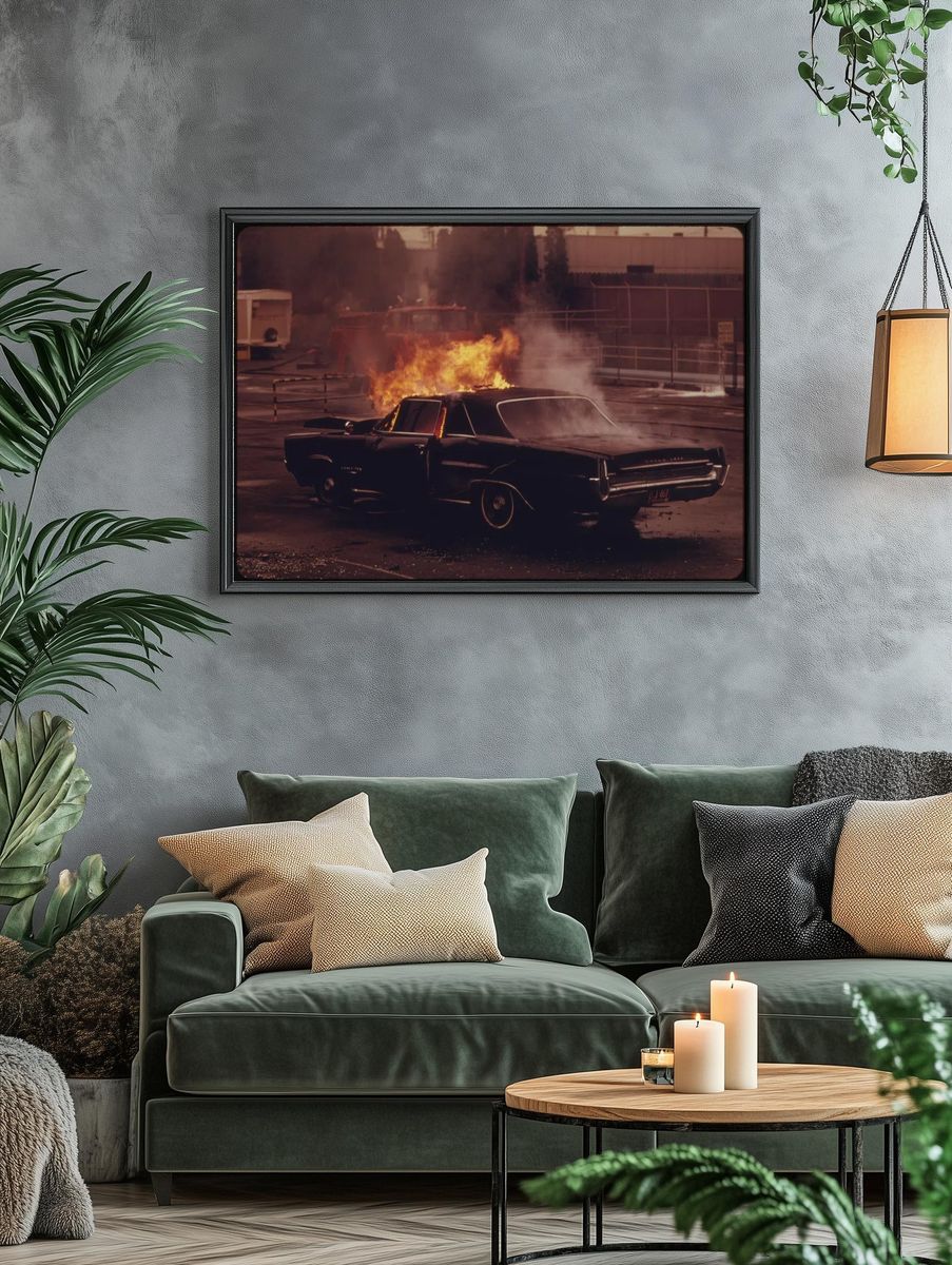 Burning Classic Car — Vintage Print. — room view 4
