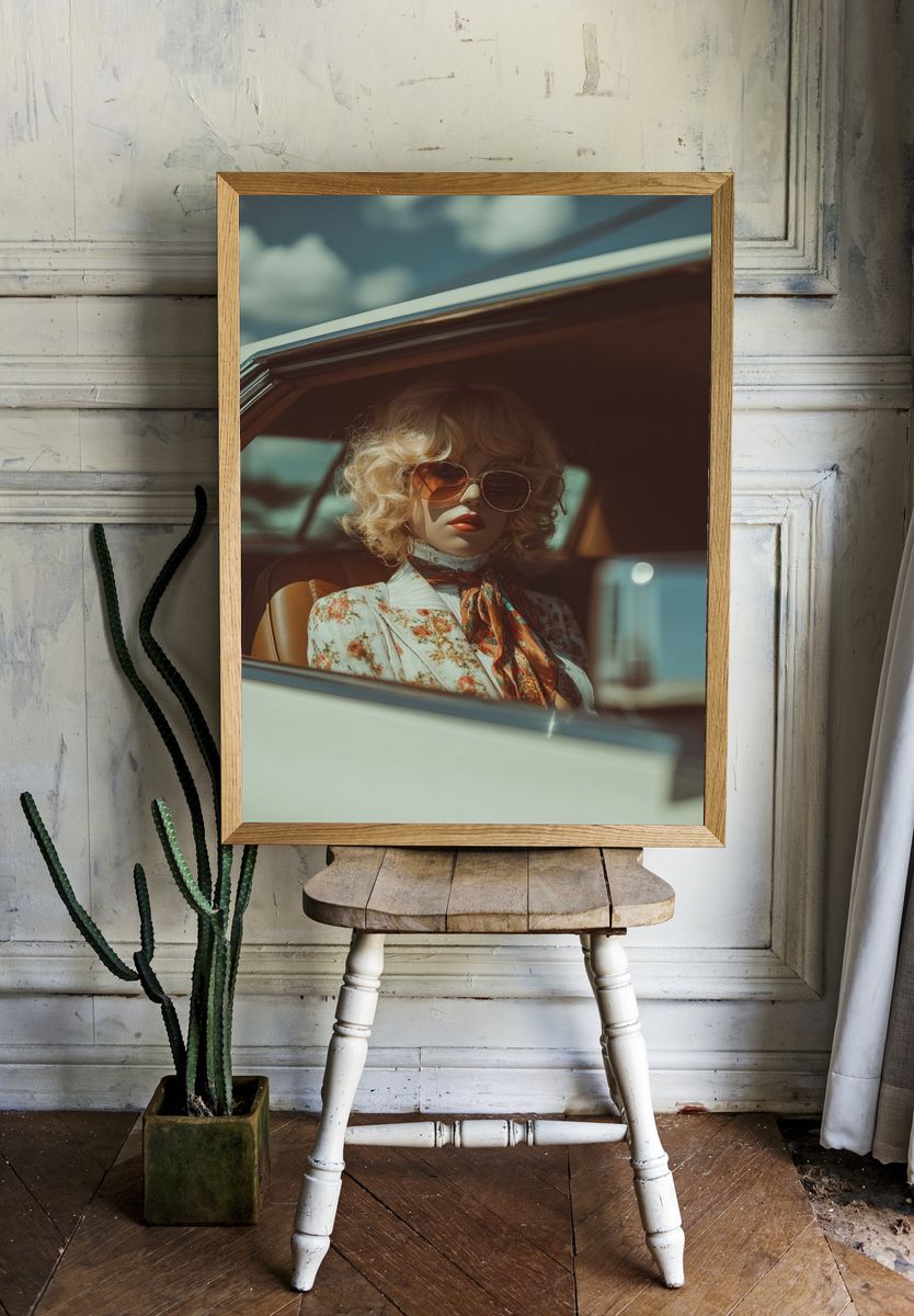 Vintage Doll in Classic Car — Photography Print. — room view 1
