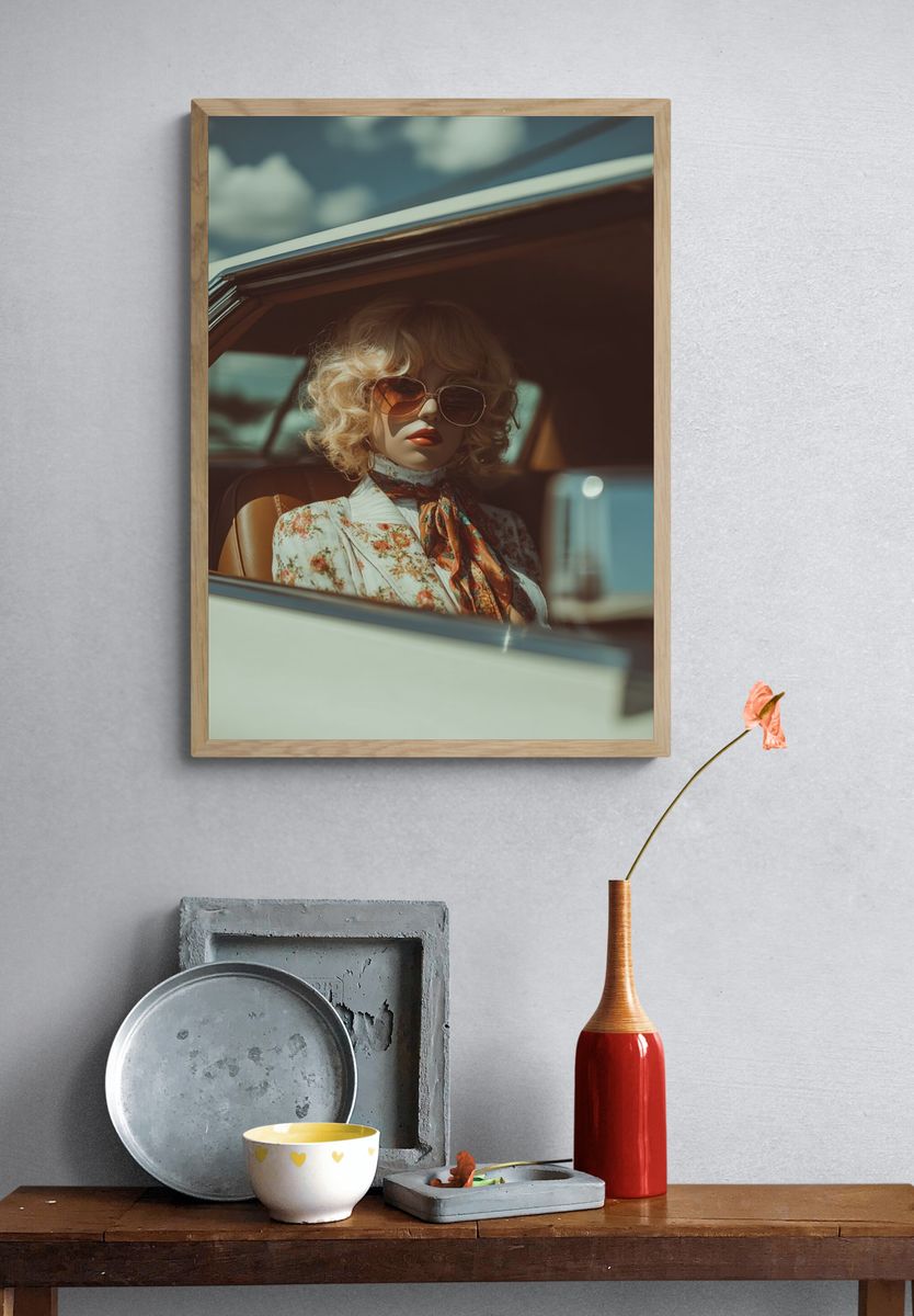 Vintage Doll in Classic Car — Photography Print. — room view 3