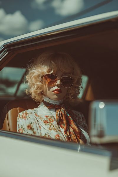 Vintage Doll in Classic Car — Photography Print. poster print