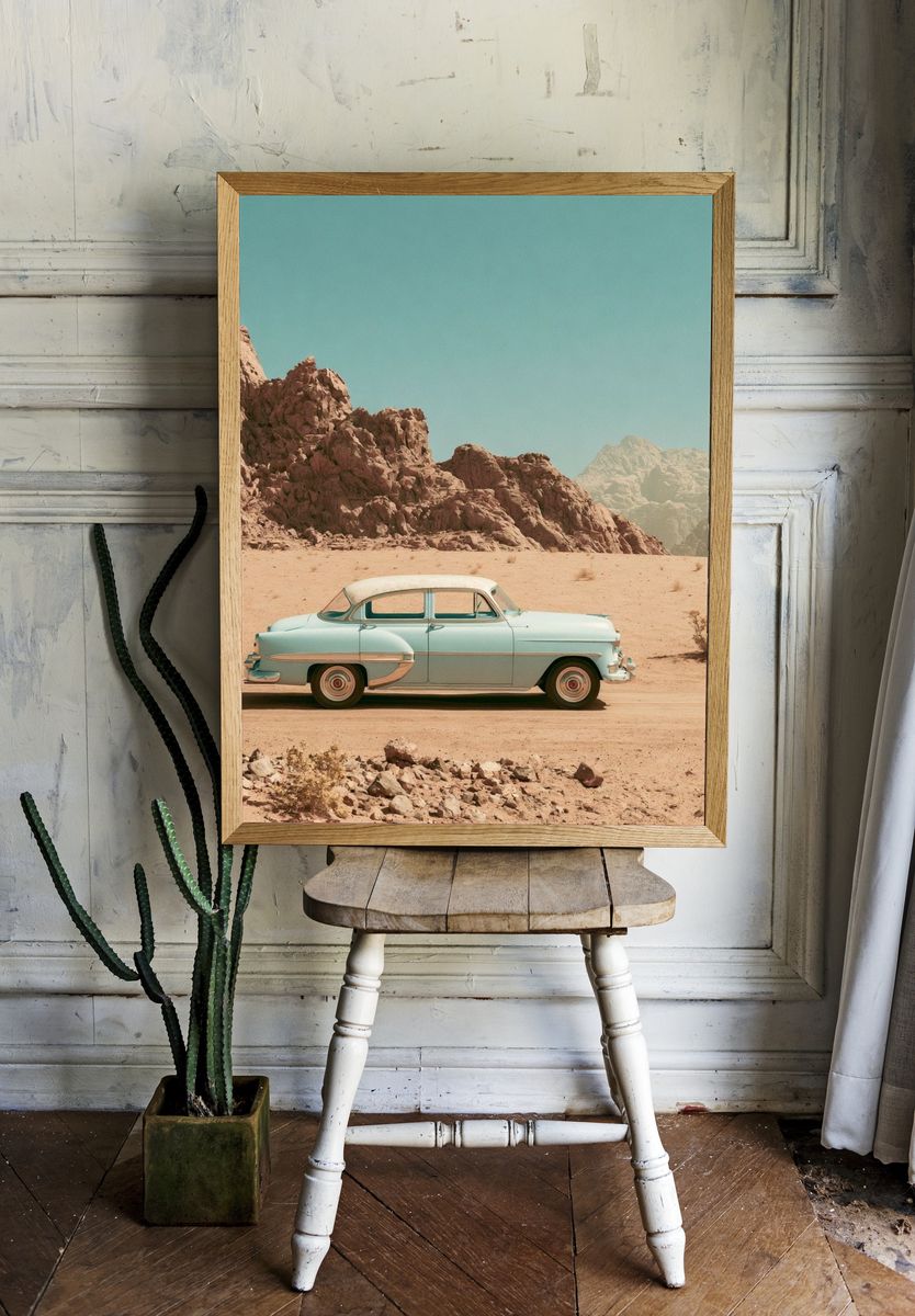 Vintage Car in Desert Poster. — room view 1