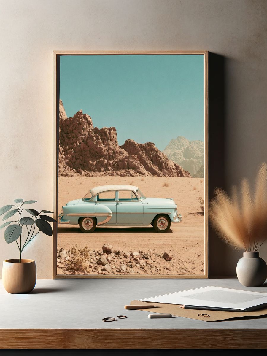 Vintage Car in Desert Poster. — room view 2